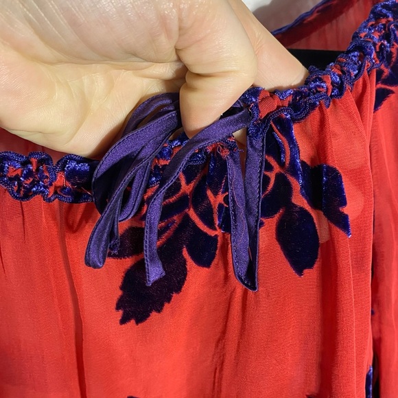 Vintage Hale Bob Semi Sheer Red and Navy Blue Beaded Velvet Silk Boho Blouse S - Picture 6 of 16